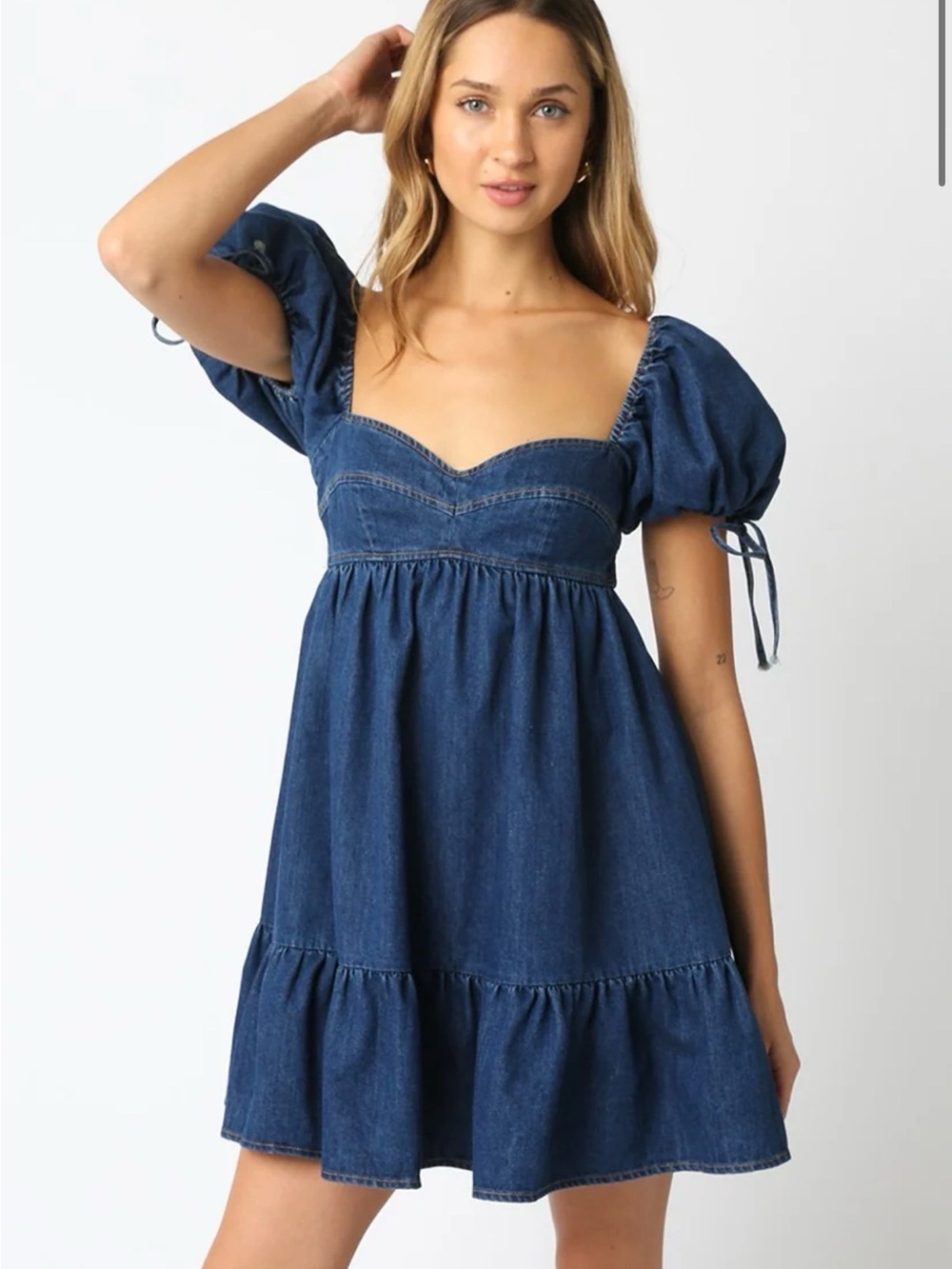 Olivaceous Dark Blue Denim Babydoll Puff-Sleeve Mini Dress medium